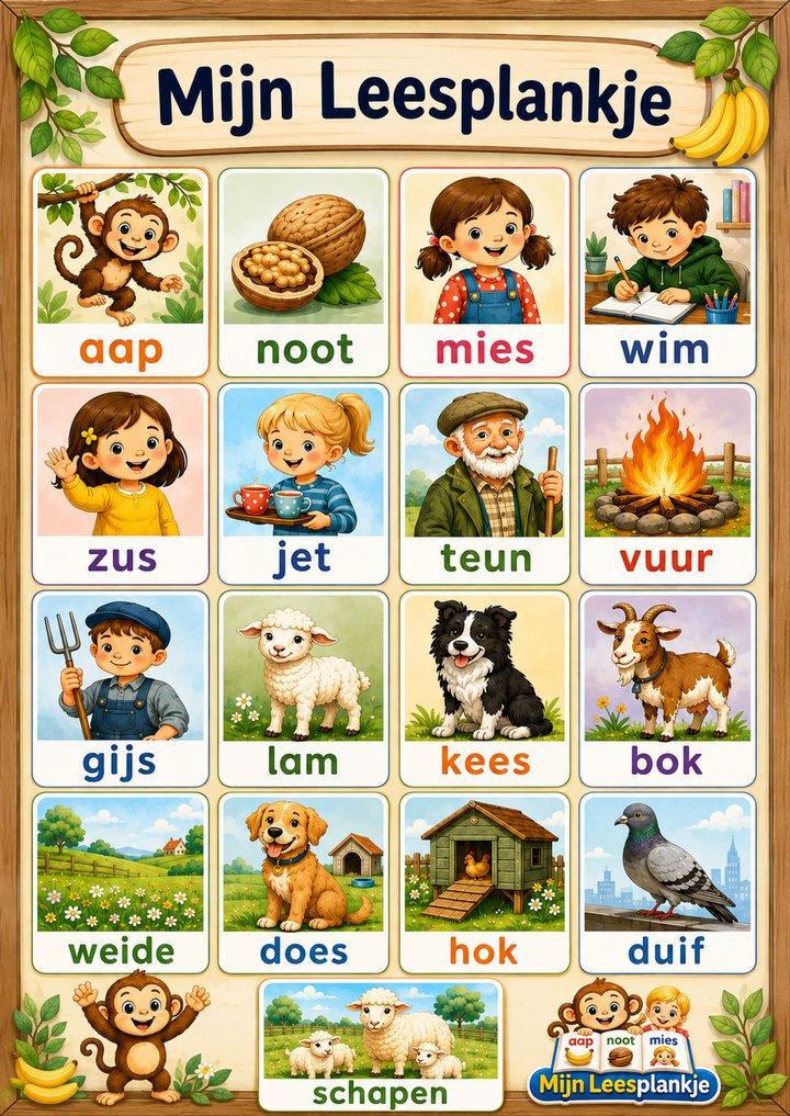 De leesposter uit het gratis printpakket, met alle zeventien woorden